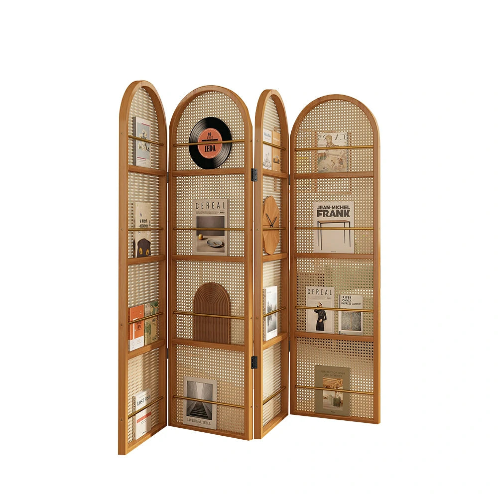LIVARA Foldable 4-Panel Woven Rattan Bamboo Room Divider with Magazine Rack Arched Design