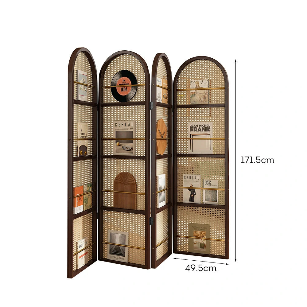 LIVARA Foldable 4-Panel Woven Rattan Bamboo Room Divider with Magazine Rack Arched Design