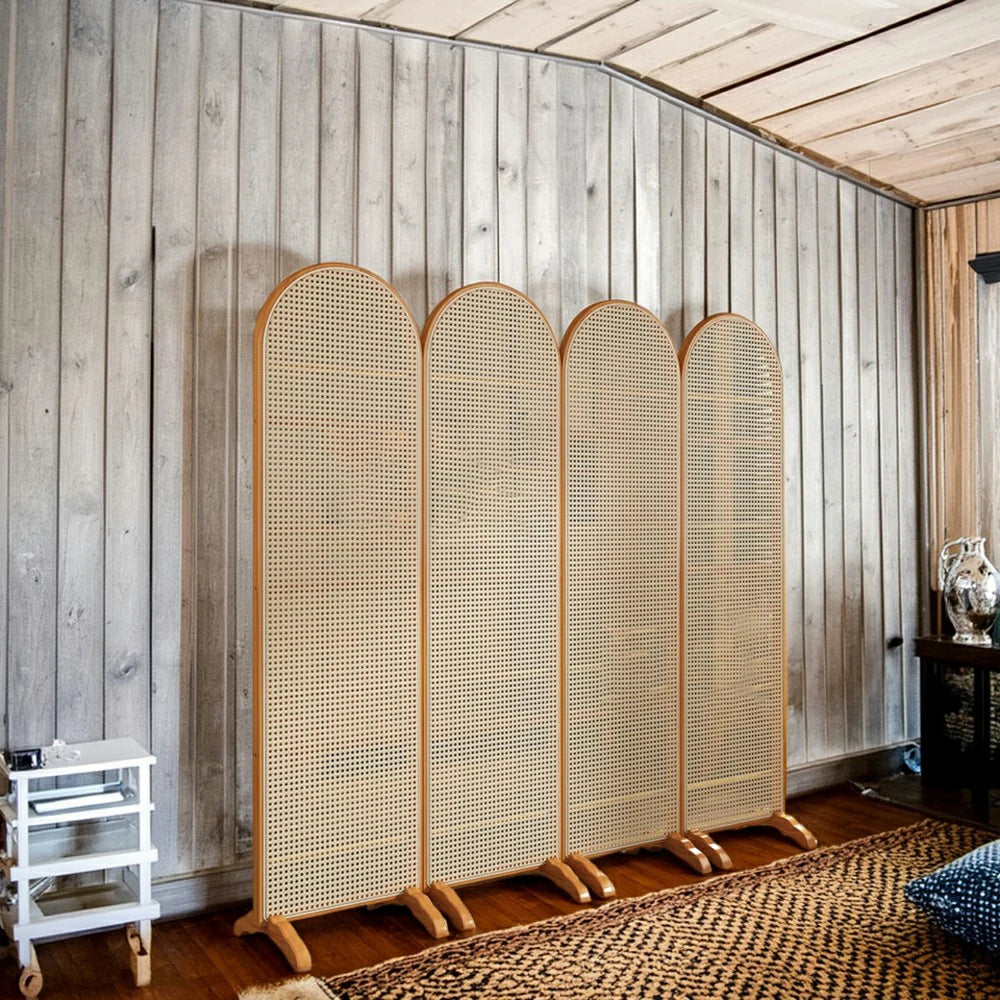 LIVARA 4-Panel Woven Rattan Bamboo Room Divider with Footed Base