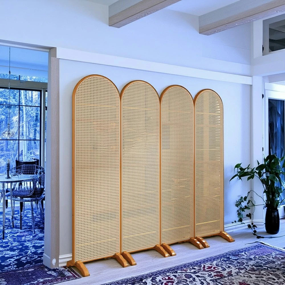 LIVARA 4-Panel Woven Rattan Bamboo Room Divider with Footed Base