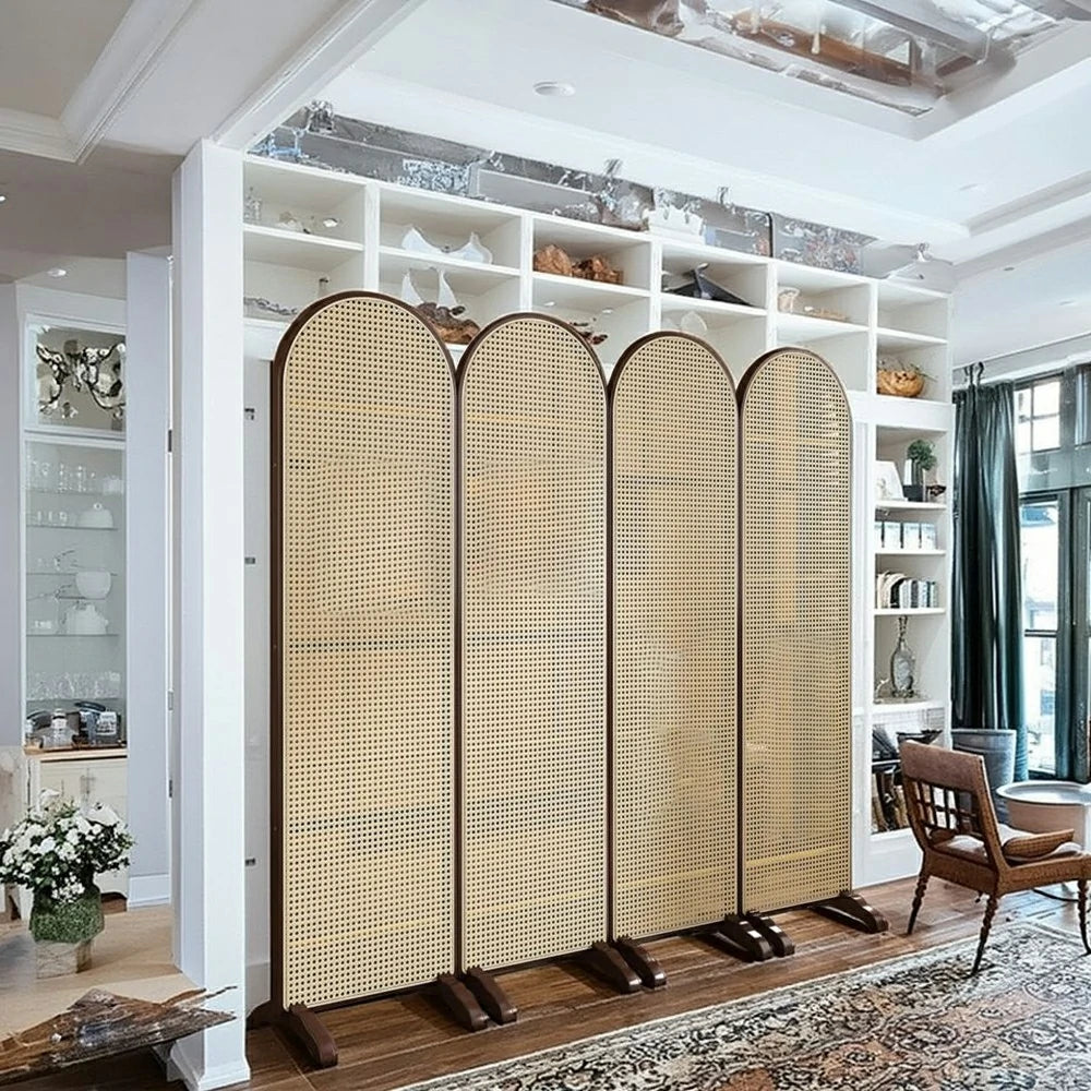 LIVARA 4-Panel Woven Rattan Bamboo Room Divider with Footed Base