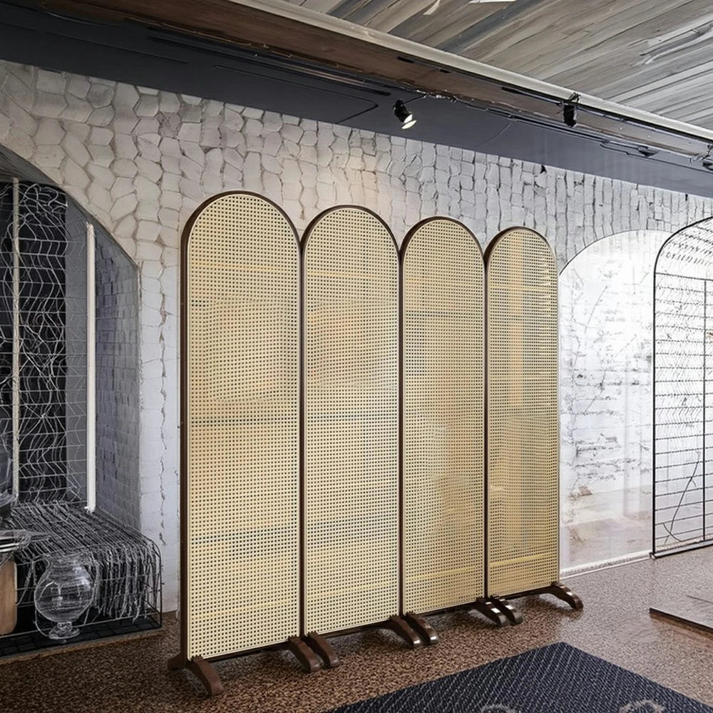 LIVARA 4-Panel Woven Rattan Bamboo Room Divider with Footed Base