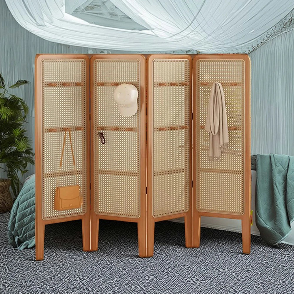 LIVARA Foldable 4-Panel Woven Rattan Bamboo Room Divider with Hooks High Model
