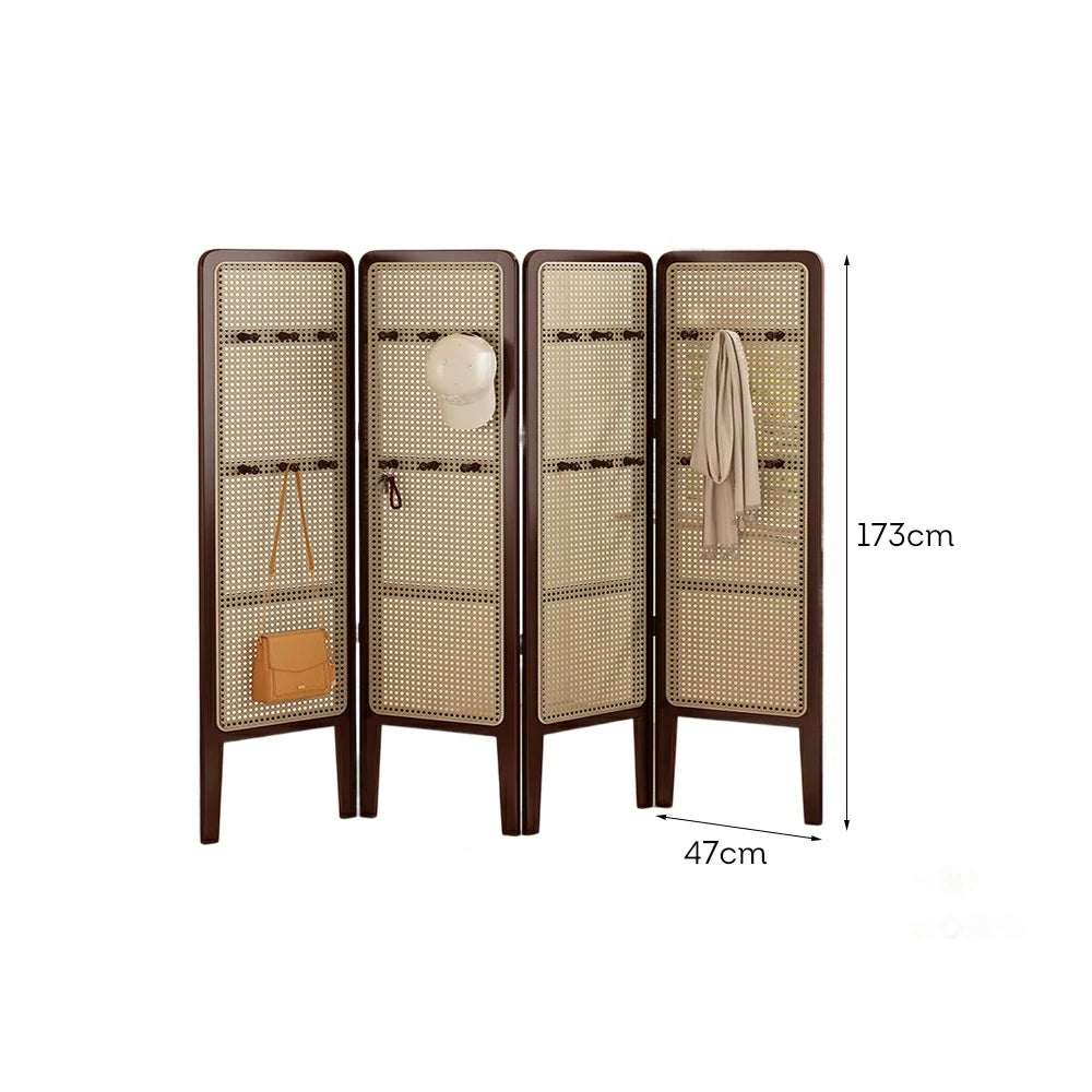 LIVARA Foldable 4-Panel Woven Rattan Bamboo Room Divider with Hooks High Model