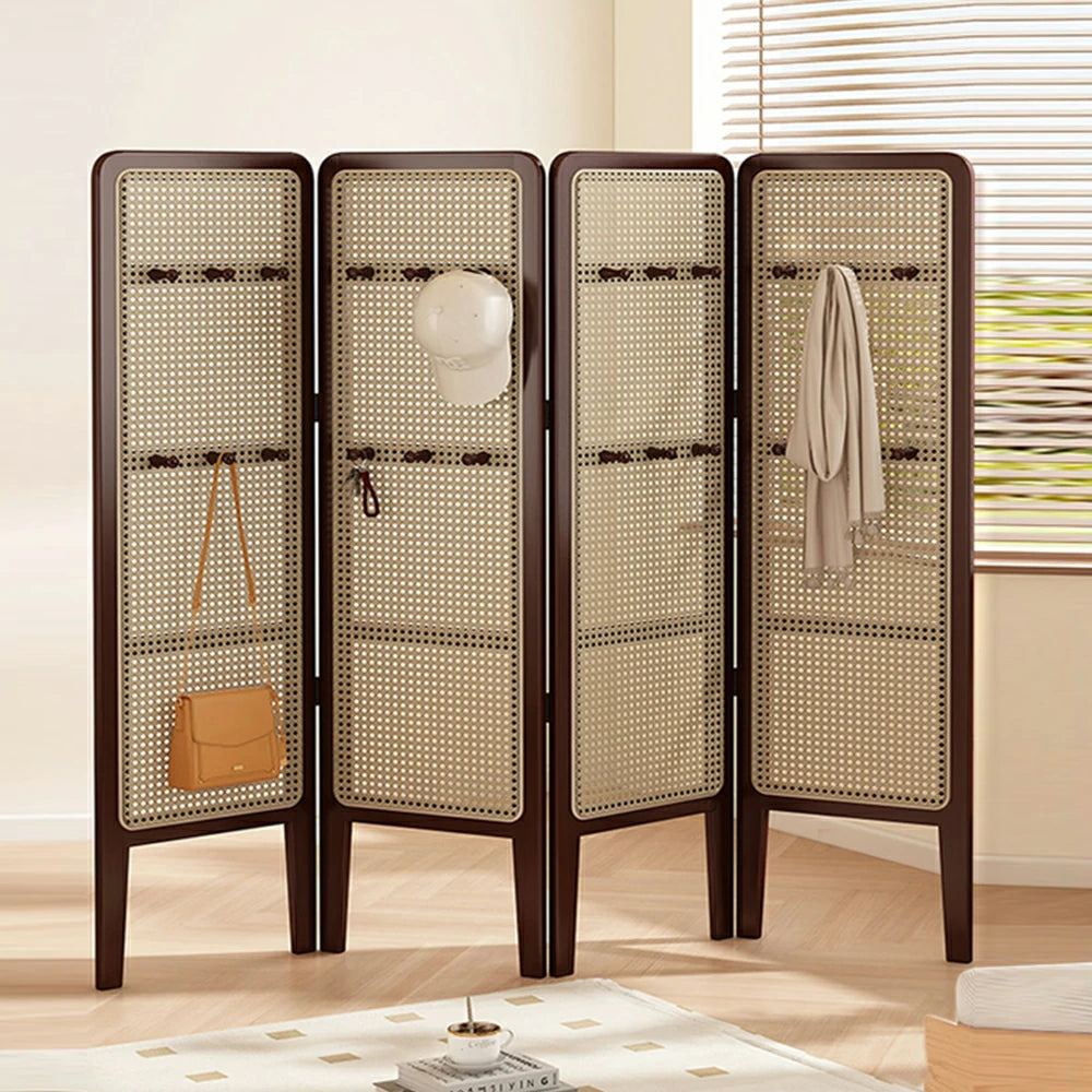 LIVARA Foldable 4-Panel Woven Rattan Bamboo Room Divider with Hooks High Model