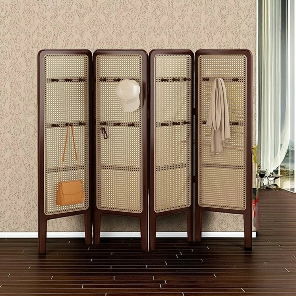 LIVARA Foldable 4-Panel Woven Rattan Bamboo Room Divider with Hooks High Model