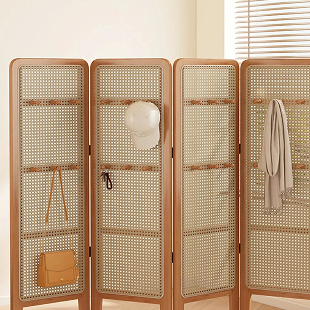 LIVARA Foldable 4-Panel Woven Rattan Bamboo Room Divider with Hooks High Model