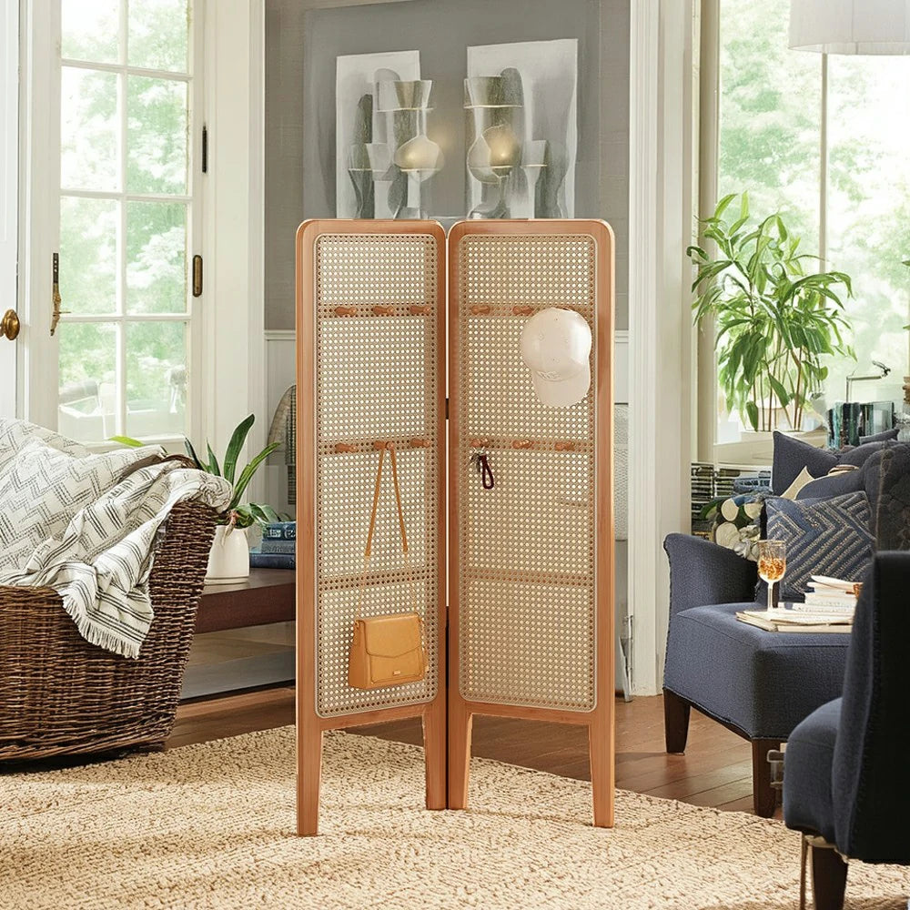 LIVARA Foldable 2-Panel Woven Rattan Bamboo Room Divider with Hooks High Model