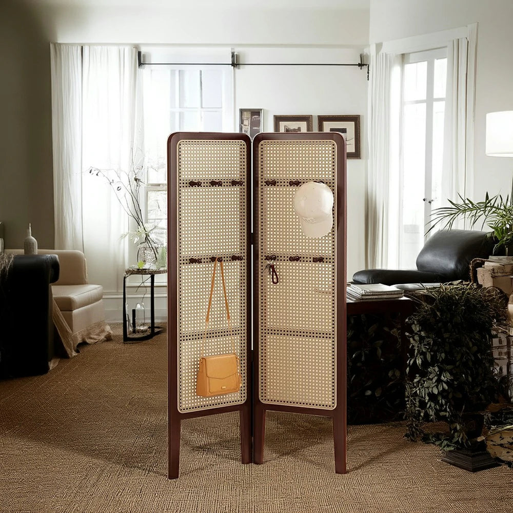 LIVARA Foldable 2-Panel Woven Rattan Bamboo Room Divider with Hooks High Model
