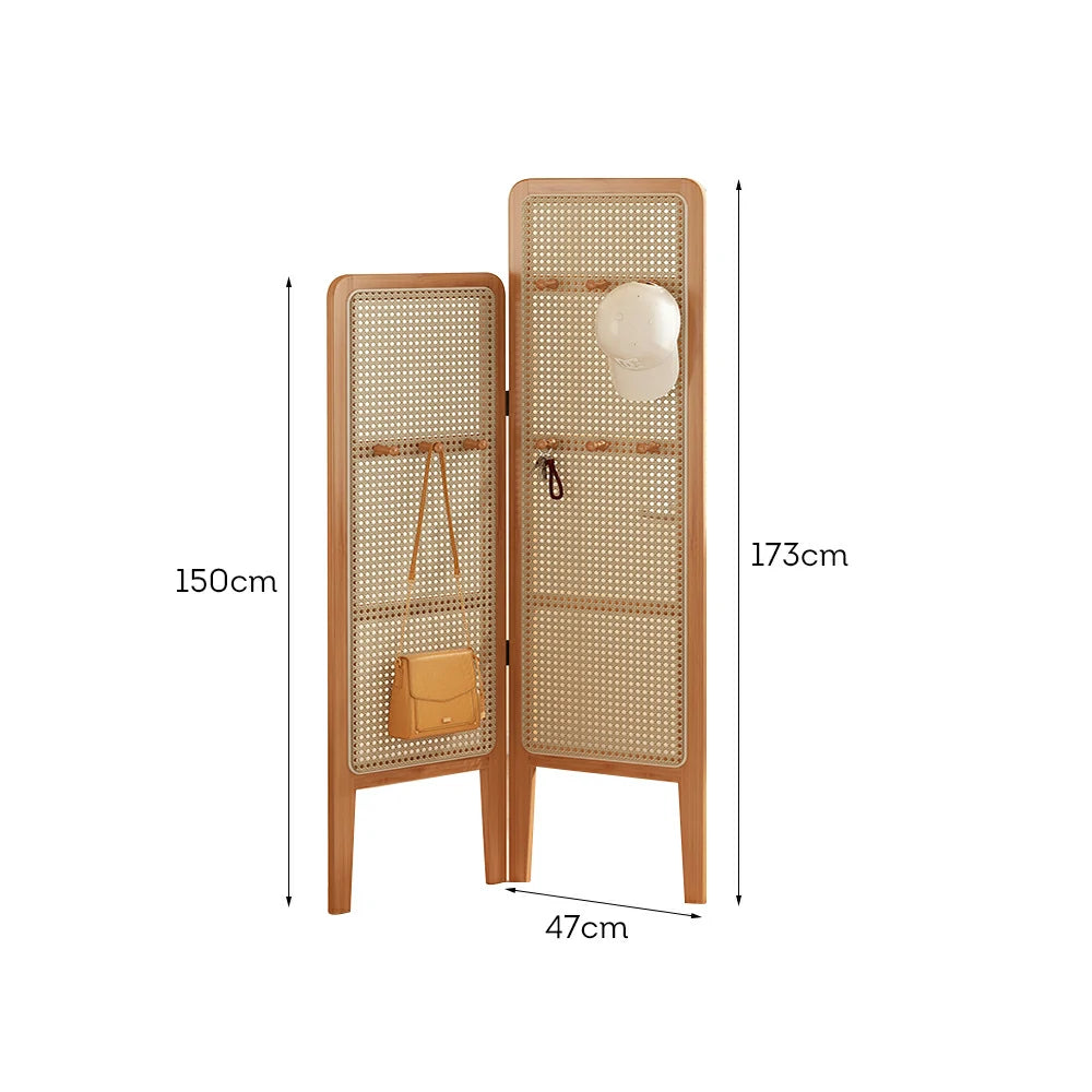 LIVARA Foldable 2-Panel Woven Rattan Bamboo Room Divider with Hooks High and Low Model