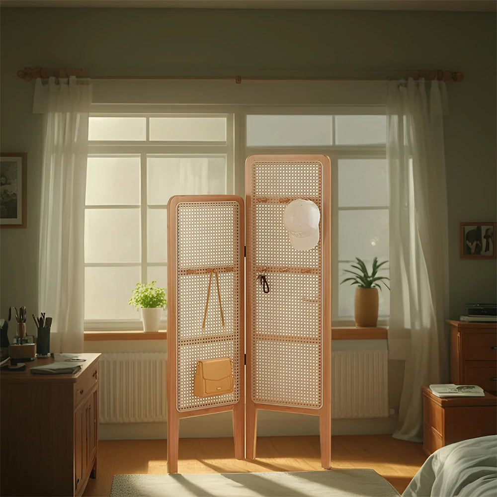 LIVARA Foldable 2-Panel Woven Rattan Bamboo Room Divider with Hooks High and Low Model