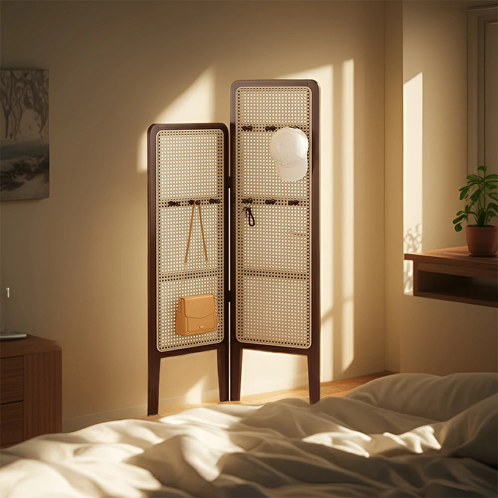 LIVARA Foldable 2-Panel Woven Rattan Bamboo Room Divider with Hooks High and Low Model