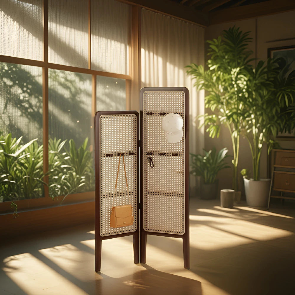 LIVARA Foldable 2-Panel Woven Rattan Bamboo Room Divider with Hooks High and Low Model