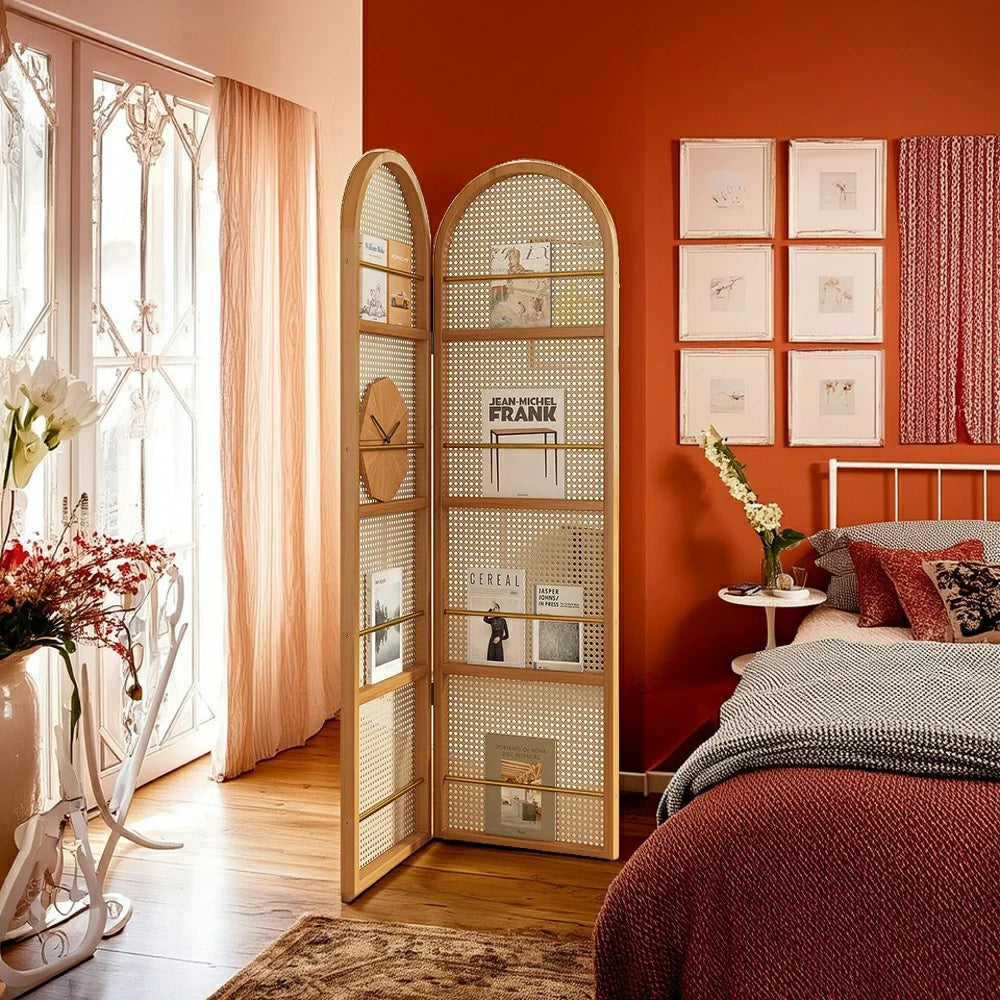 LIVARA Foldable 2-Panel Woven Rattan Bamboo Room Divider with Magazine Rack Arched Design