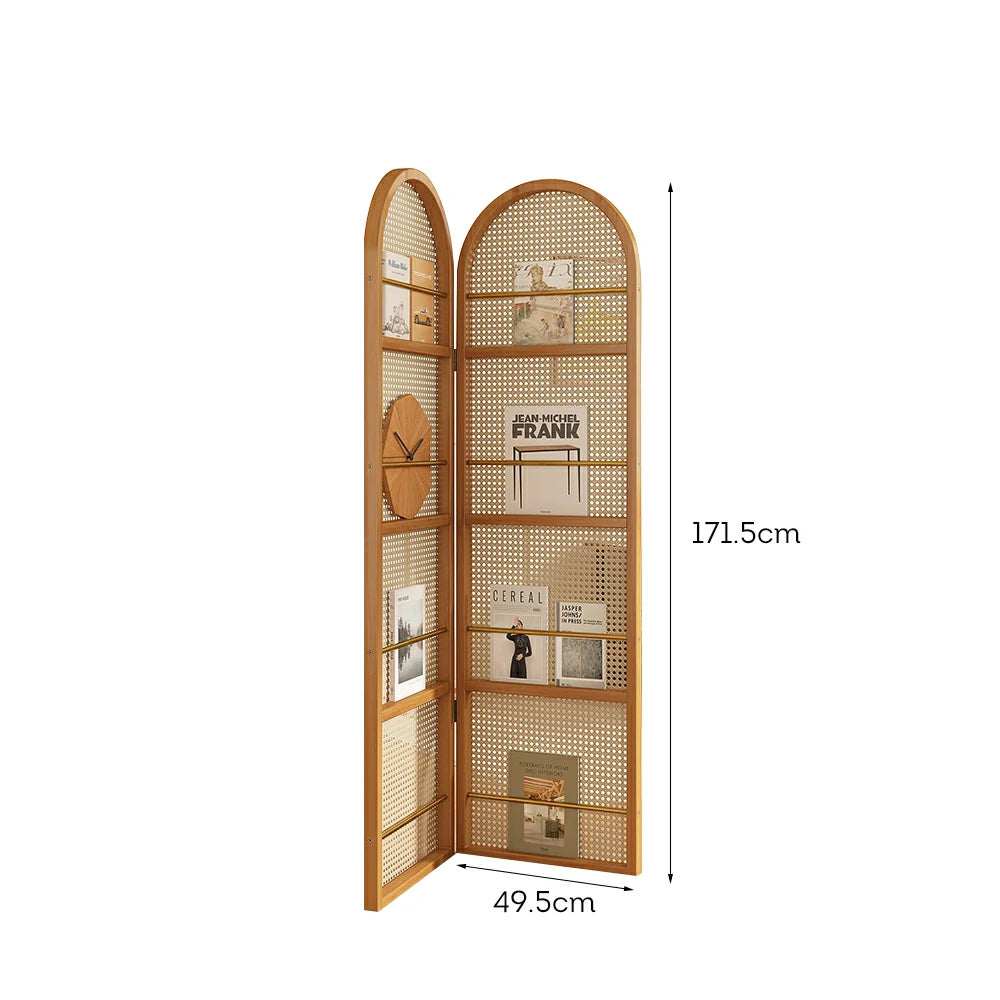 LIVARA Foldable 2-Panel Woven Rattan Bamboo Room Divider with Magazine Rack Arched Design