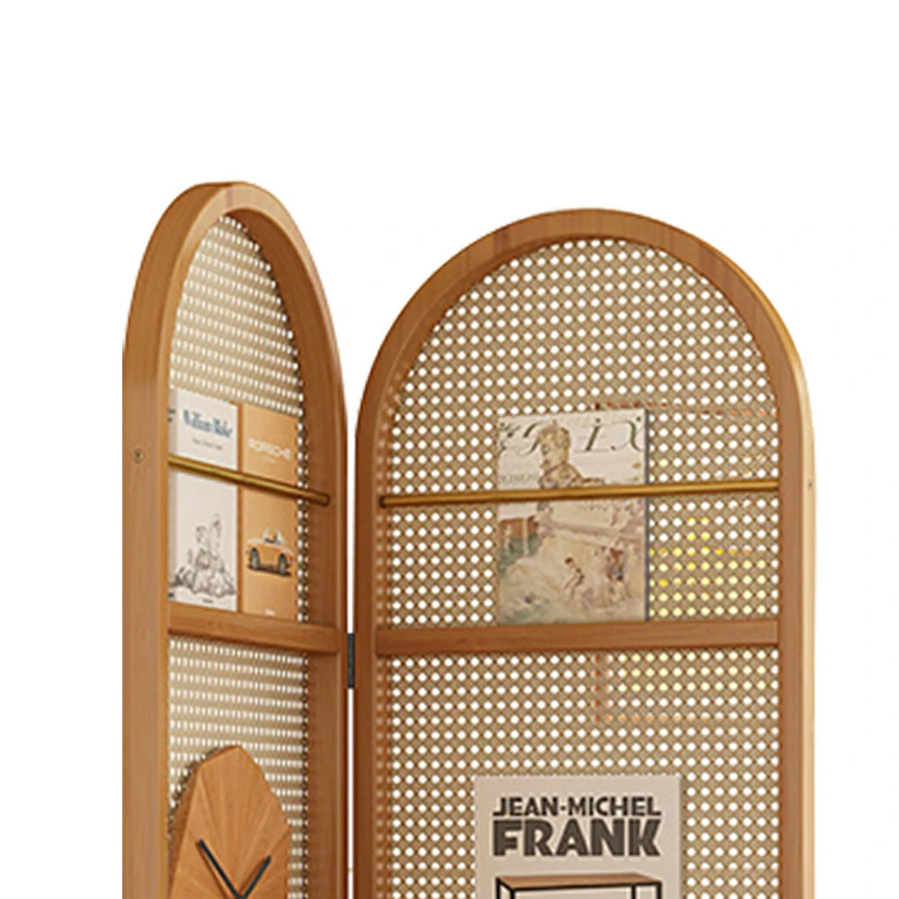 LIVARA Foldable 2-Panel Woven Rattan Bamboo Room Divider with Magazine Rack Arched Design