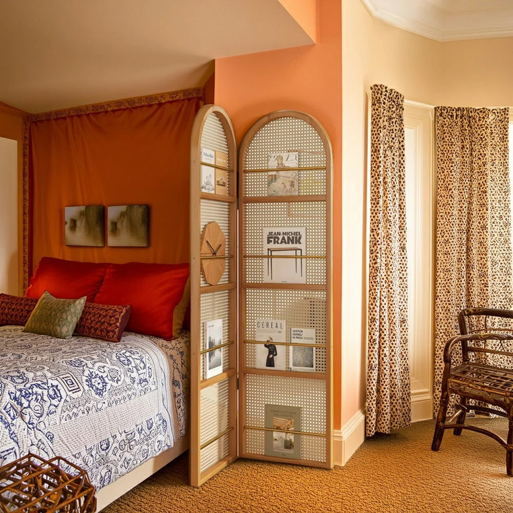 LIVARA Foldable 2-Panel Woven Rattan Bamboo Room Divider with Magazine Rack Arched Design