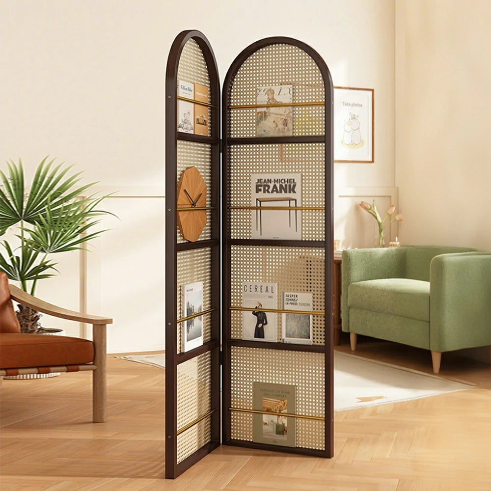 LIVARA Foldable 2-Panel Woven Rattan Bamboo Room Divider with Magazine Rack Arched Design
