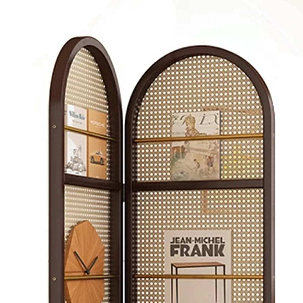 LIVARA Foldable 2-Panel Woven Rattan Bamboo Room Divider with Magazine Rack Arched Design