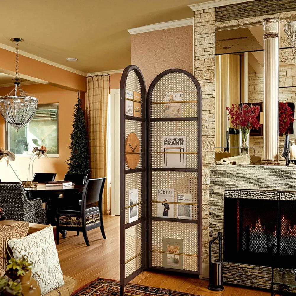 LIVARA Foldable 2-Panel Woven Rattan Bamboo Room Divider with Magazine Rack Arched Design