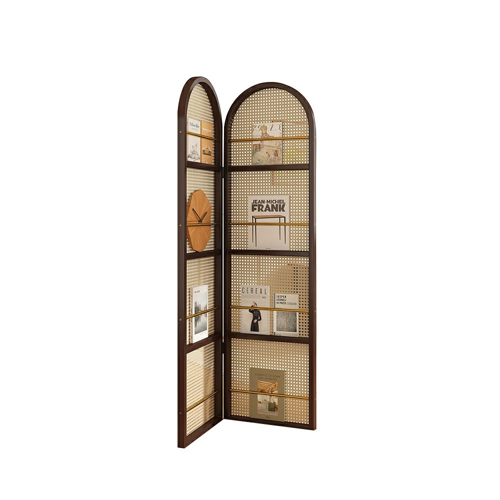LIVARA Foldable 2-Panel Woven Rattan Bamboo Room Divider with Magazine Rack Arched Design