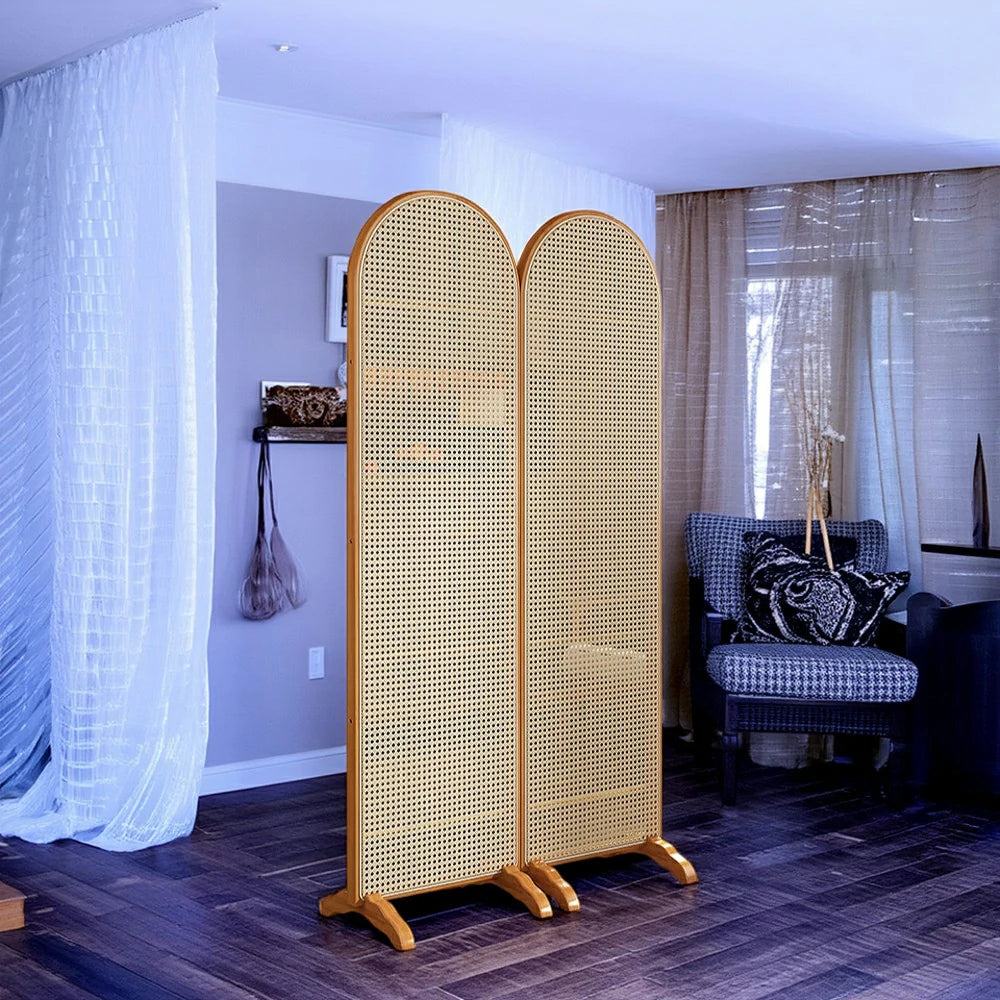 LIVARA 2-Panel Woven Rattan Bamboo Room Divider with Footed Base