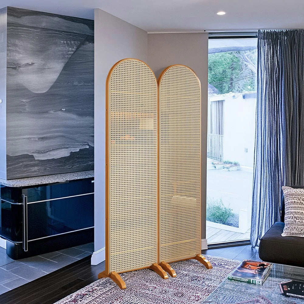 LIVARA 2-Panel Woven Rattan Bamboo Room Divider with Footed Base