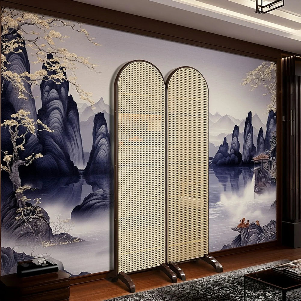 LIVARA 2-Panel Woven Rattan Bamboo Room Divider with Footed Base