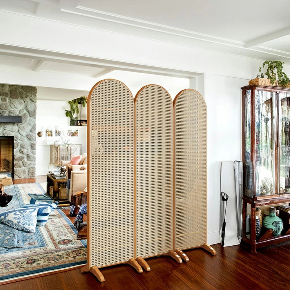 LIVARA 3-Panel Woven Rattan Bamboo Room Divider with Footed Base