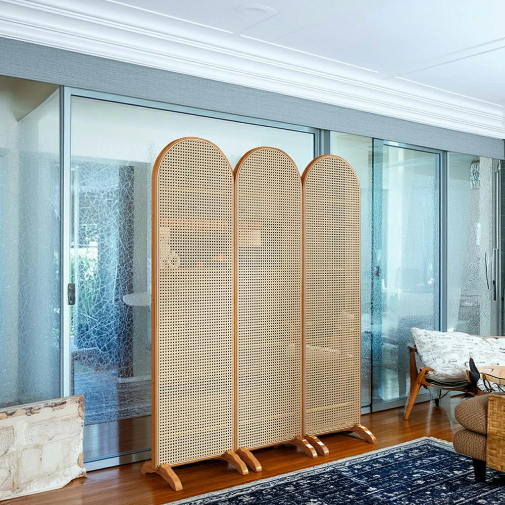 LIVARA 3-Panel Woven Rattan Bamboo Room Divider with Footed Base