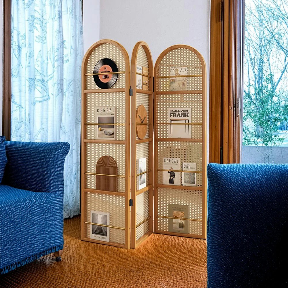 LIVARA Foldable 3-Panel Woven Rattan Bamboo Room Divider with Magazine Rack Arched Design
