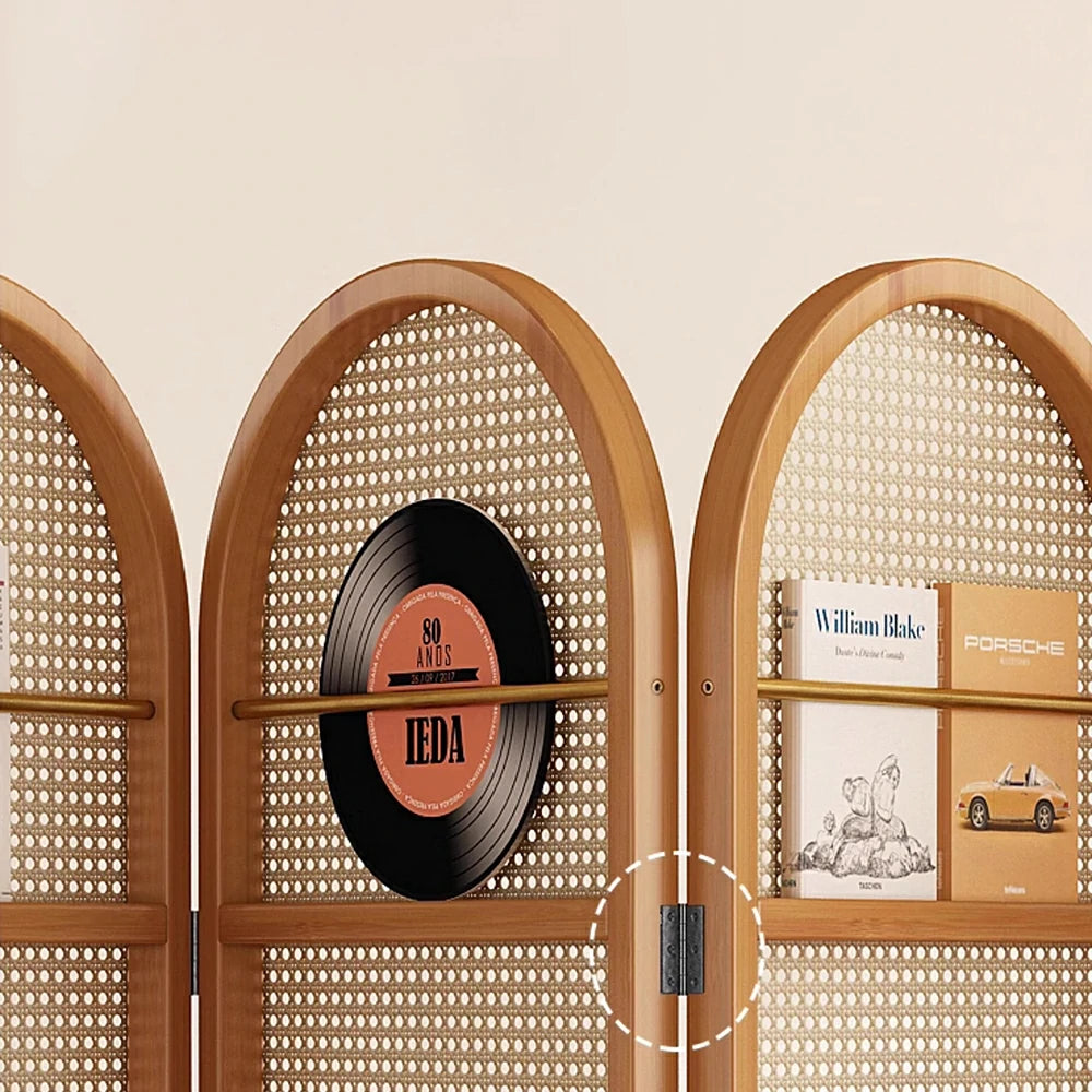 LIVARA Foldable 3-Panel Woven Rattan Bamboo Room Divider with Magazine Rack Arched Design