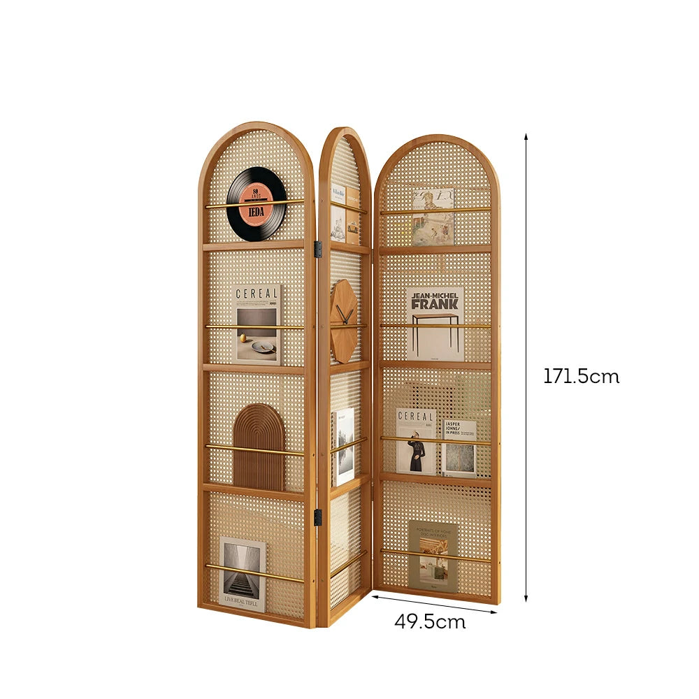 LIVARA Foldable 3-Panel Woven Rattan Bamboo Room Divider with Magazine Rack Arched Design