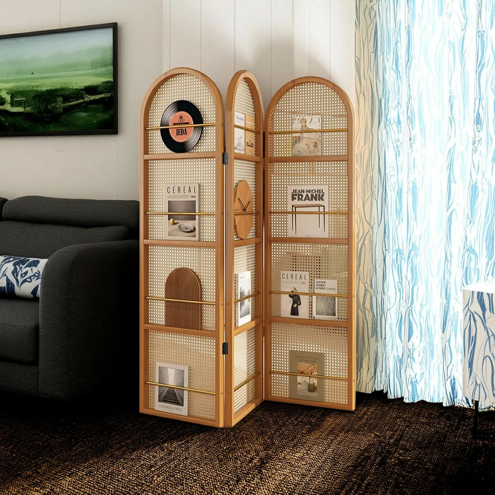 LIVARA Foldable 3-Panel Woven Rattan Bamboo Room Divider with Magazine Rack Arched Design