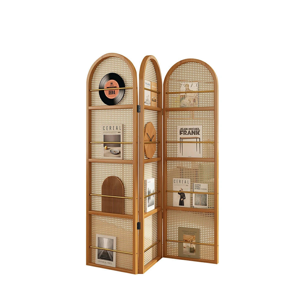 LIVARA Foldable 3-Panel Woven Rattan Bamboo Room Divider with Magazine Rack Arched Design