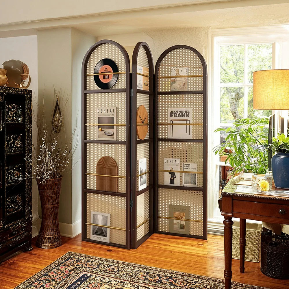 LIVARA Foldable 3-Panel Woven Rattan Bamboo Room Divider with Magazine Rack Arched Design