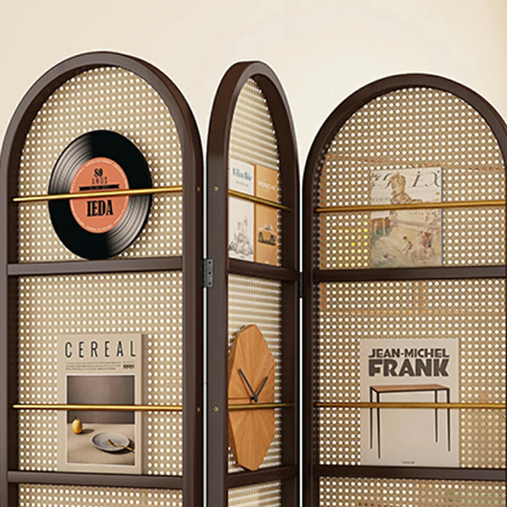 LIVARA Foldable 3-Panel Woven Rattan Bamboo Room Divider with Magazine Rack Arched Design