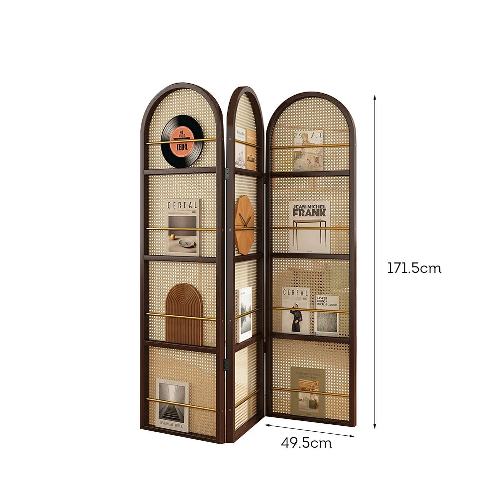 LIVARA Foldable 3-Panel Woven Rattan Bamboo Room Divider with Magazine Rack Arched Design