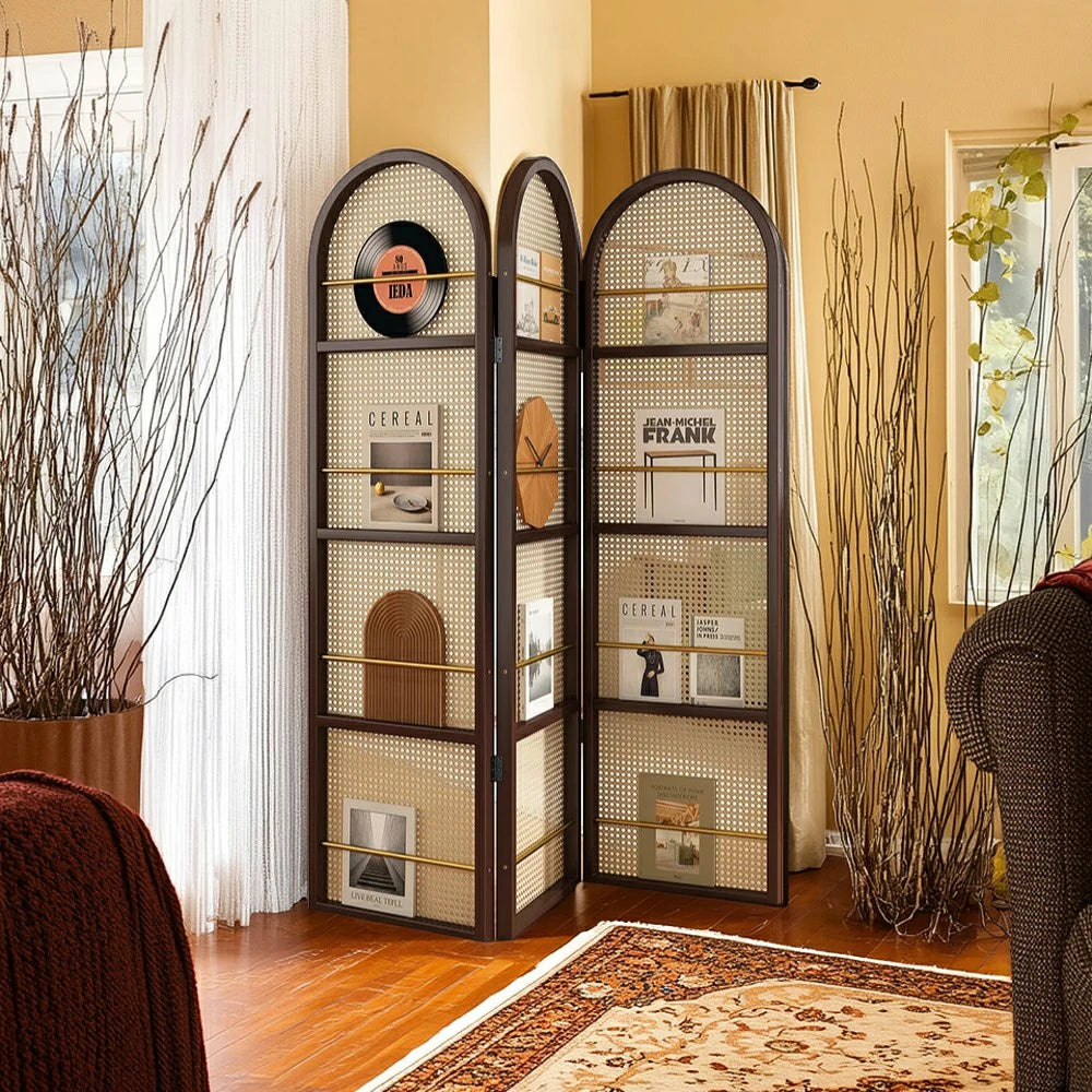LIVARA Foldable 3-Panel Woven Rattan Bamboo Room Divider with Magazine Rack Arched Design