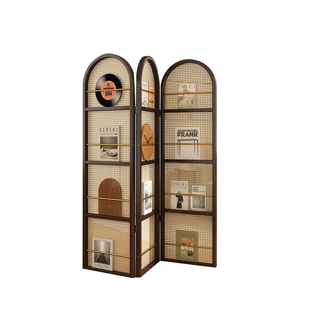 LIVARA Foldable 3-Panel Woven Rattan Bamboo Room Divider with Magazine Rack Arched Design