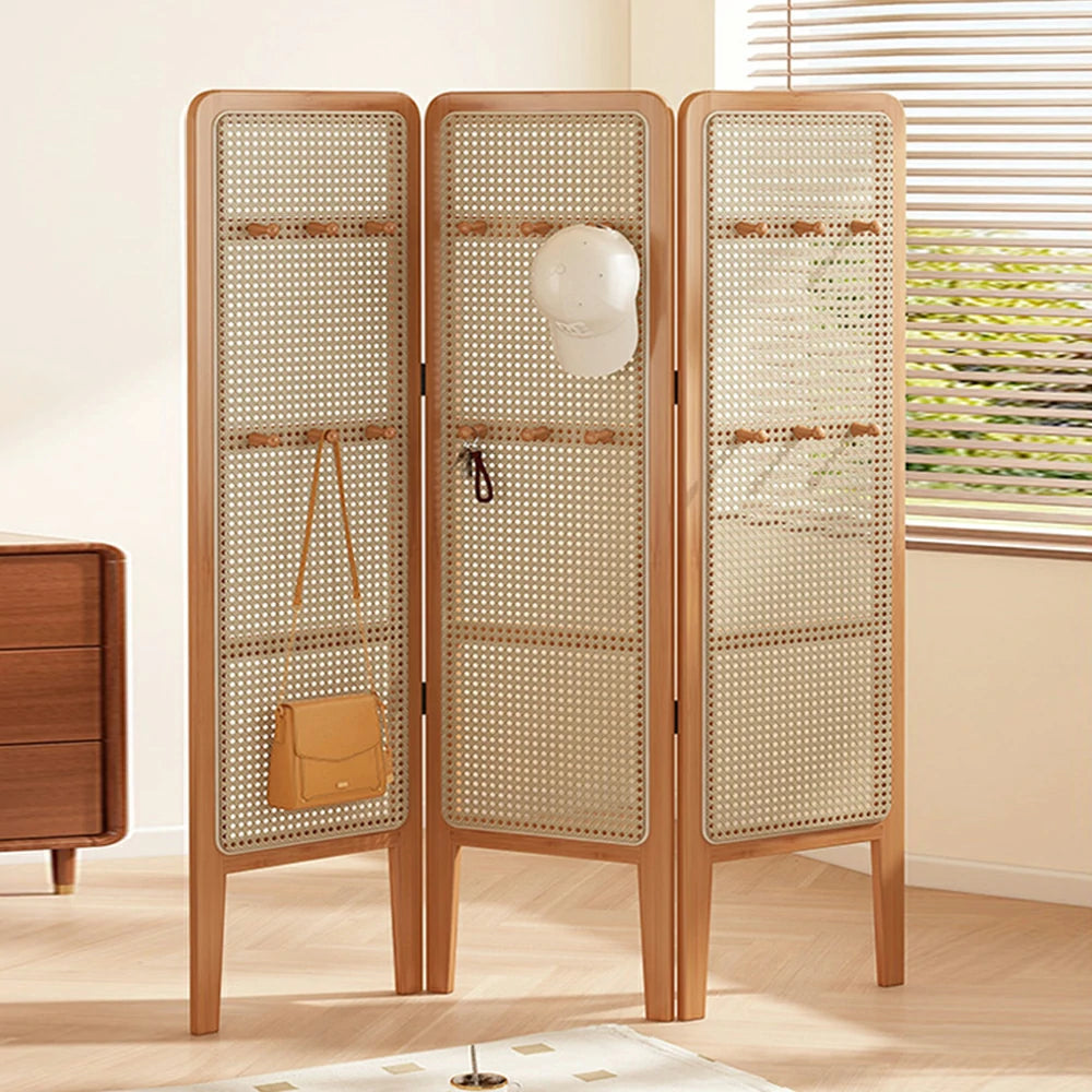LIVARA Foldable 3-Panel Woven Rattan Bamboo Room Divider with Hooks High Model