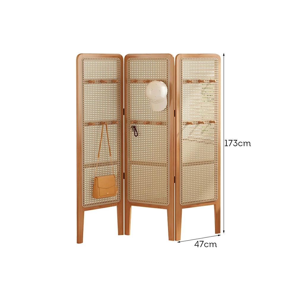 LIVARA Foldable 3-Panel Woven Rattan Bamboo Room Divider with Hooks High Model