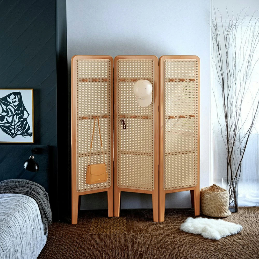 LIVARA Foldable 3-Panel Woven Rattan Bamboo Room Divider with Hooks High Model