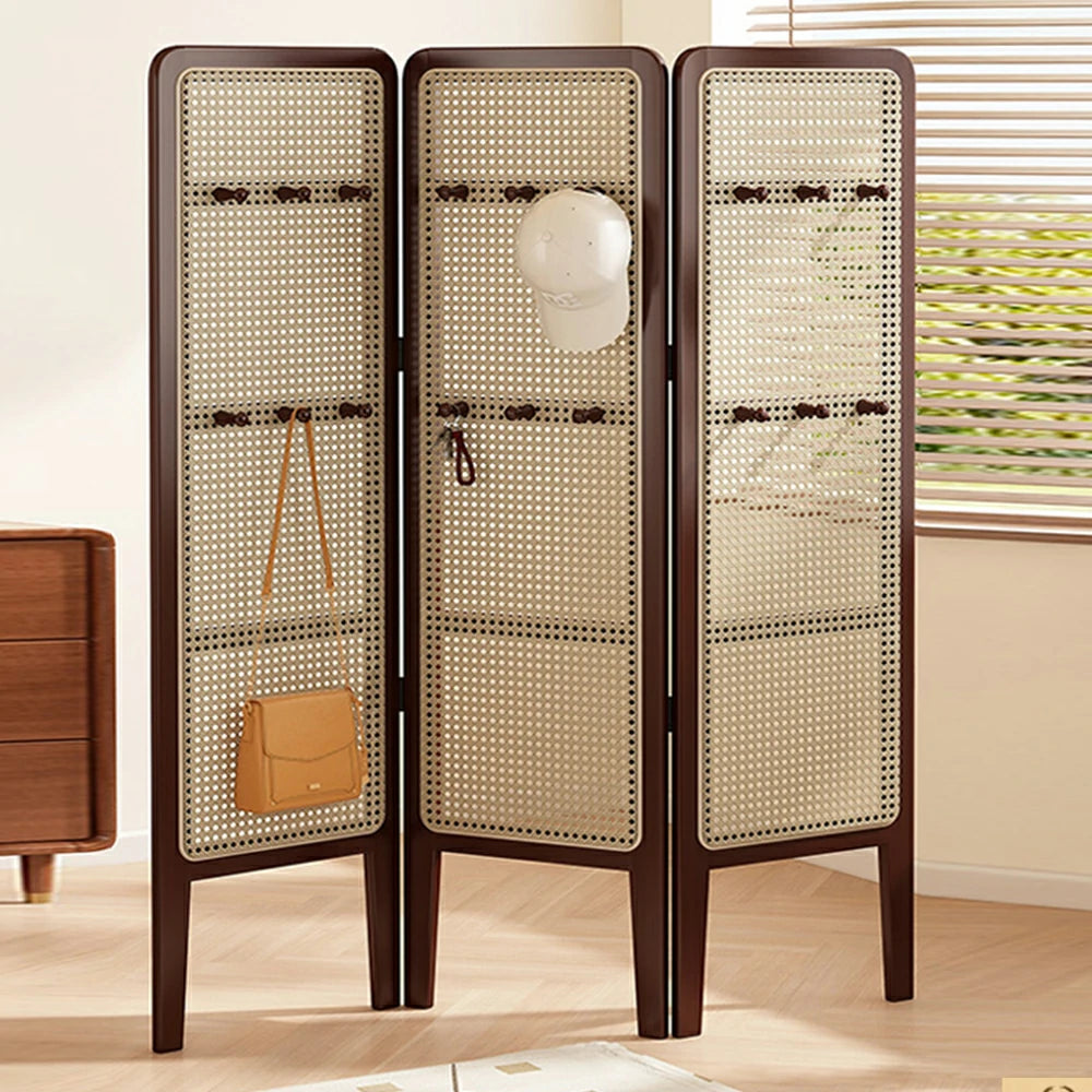 LIVARA Foldable 3-Panel Woven Rattan Bamboo Room Divider with Hooks High Model