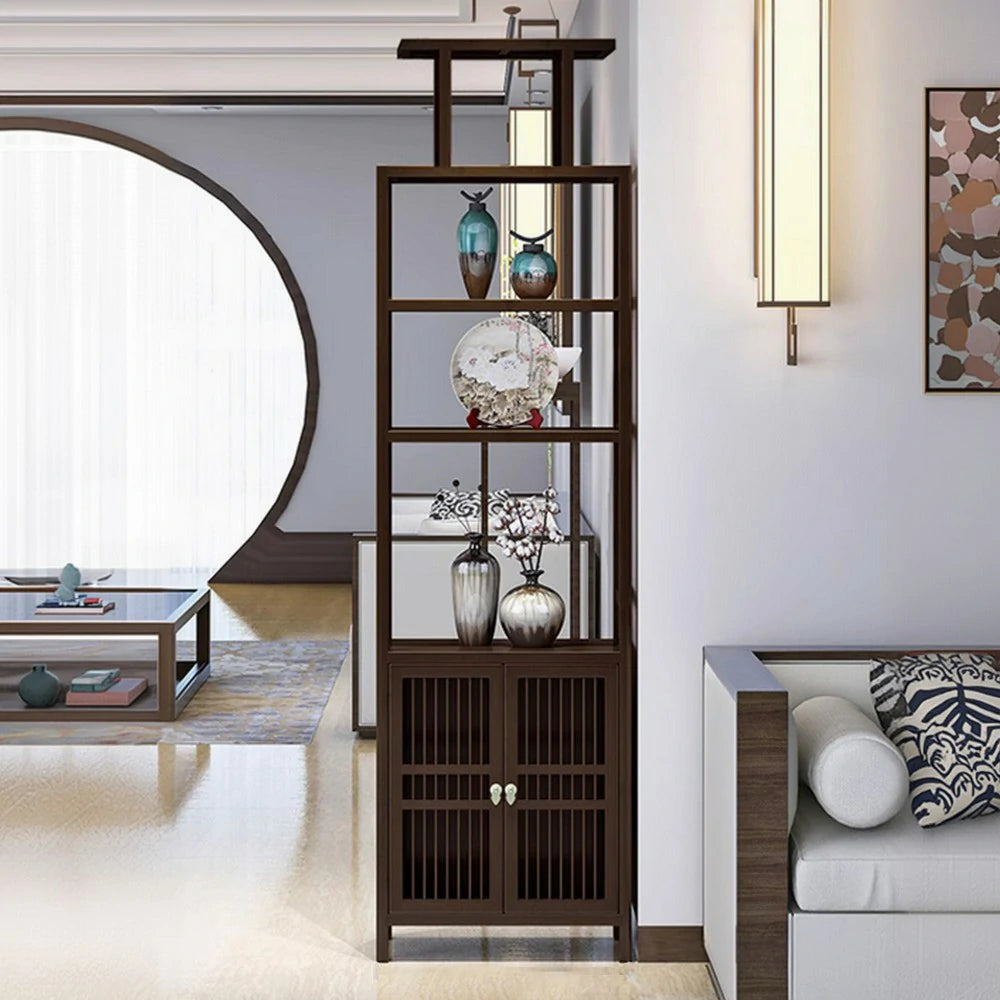 LIVARA Tall Solid Wenge Wood Cabinet with Double Doors, Elegant Oriental Style Storage for Entryway, Living Room or Hallway