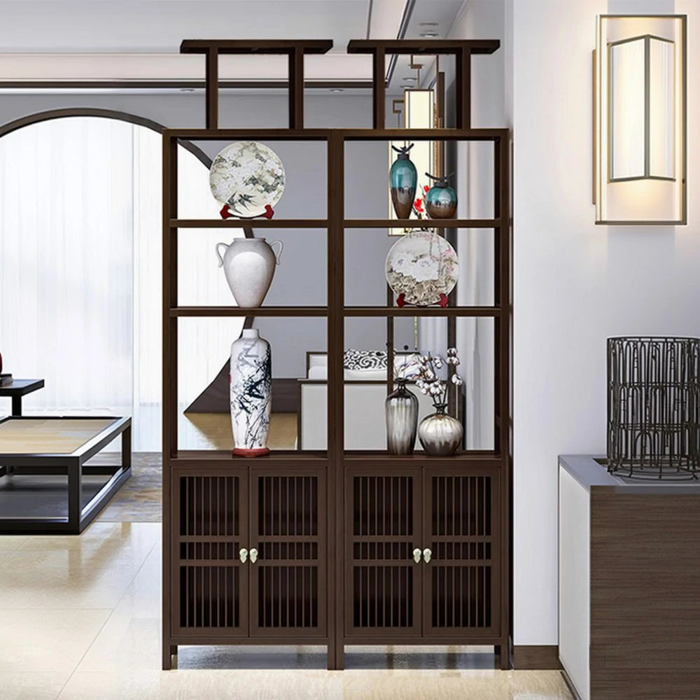 LIVARA Tall Solid Wenge Wood Cabinet with Double Doors, Elegant Oriental Style Storage for Entryway, Living Room or Hallway