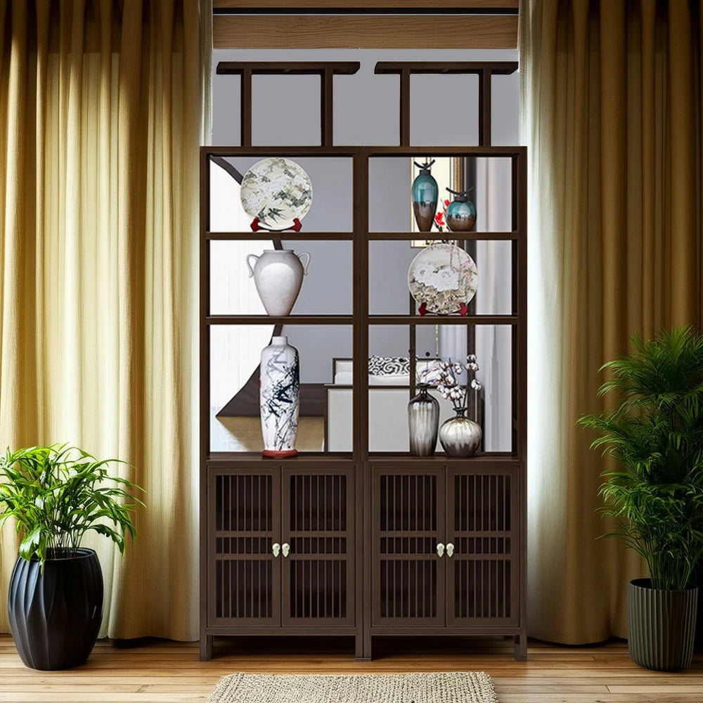 LIVARA Tall Solid Wenge Wood Cabinet with Double Doors, Elegant Oriental Style Storage for Entryway, Living Room or Hallway