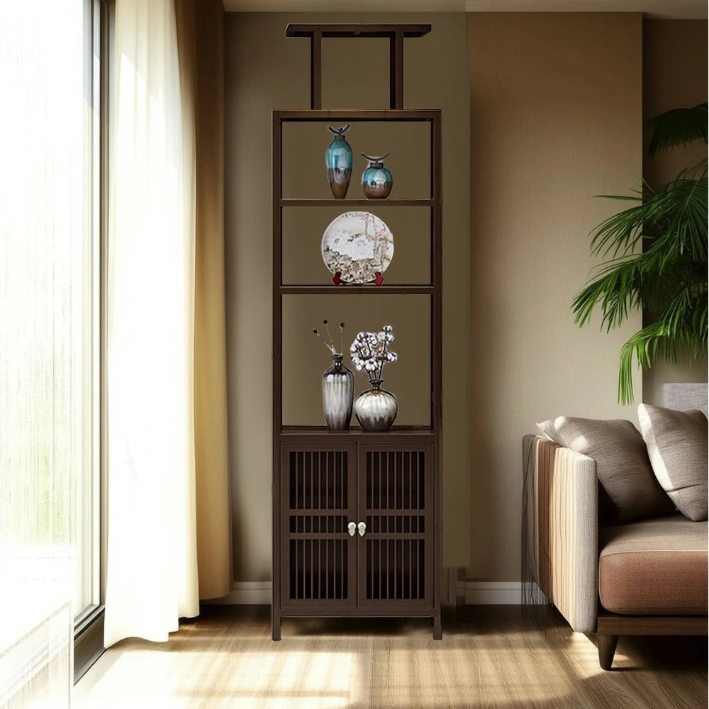 LIVARA Tall Solid Wenge Wood Cabinet with Double Doors, Elegant Oriental Style Storage for Entryway, Living Room or Hallway