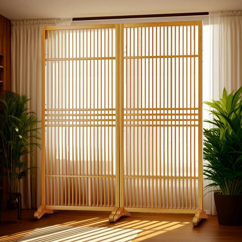 LIVARA Hollow Screen Partition With Two Pieces, 144Cm Wood Grain/Walnut Color