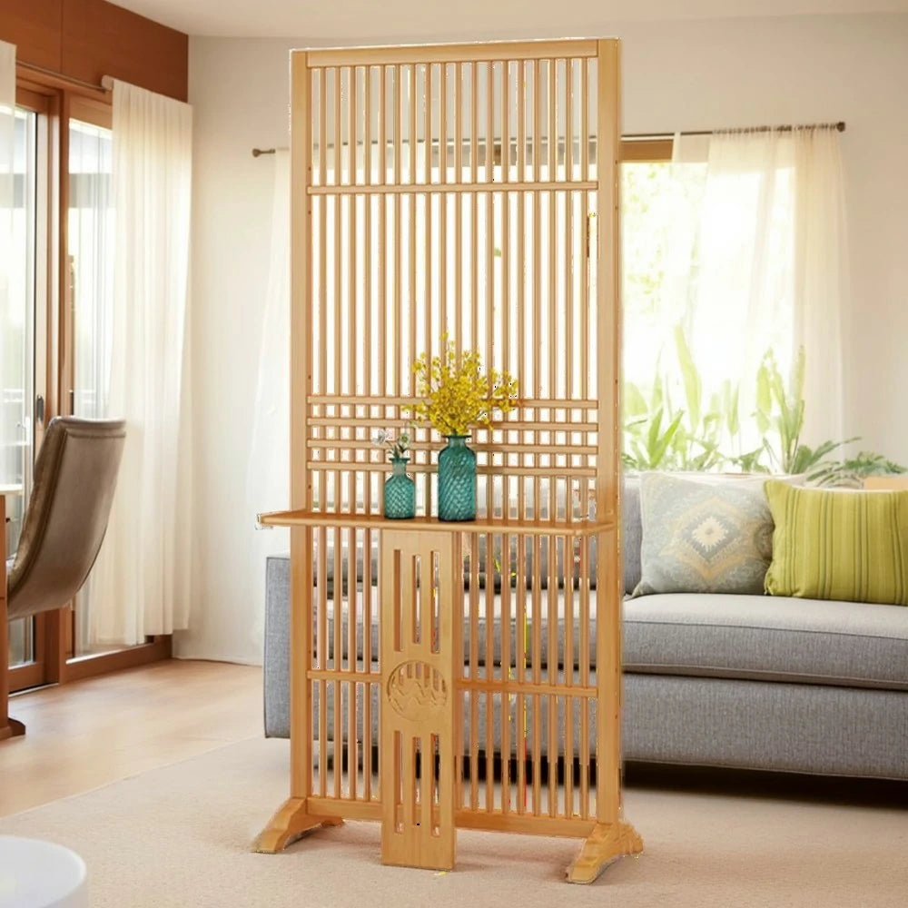 LIVARA Bamboo Screen Partition With Storage Platform 72Cm 144Cm Wood Color/Walnut Color
